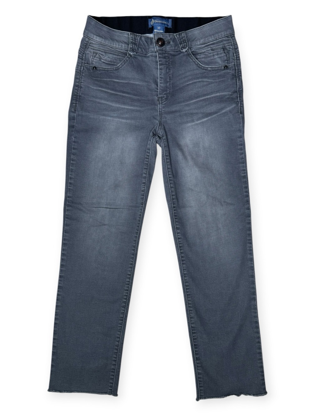 Democracy Absolution Slim Straight Jeans 10 Distressed Gray Wash Raw Hem Ankle